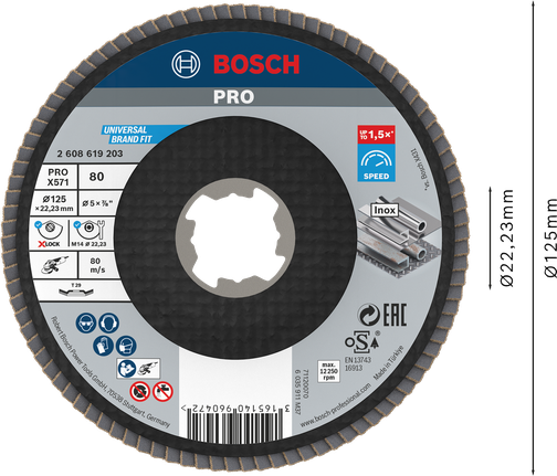 จานขัด Bosch PRO X571 125มม. G80 X-Lock แบบทำมุม.