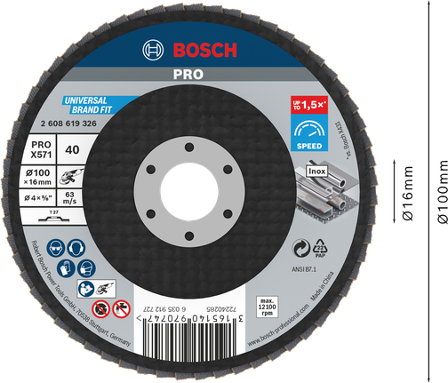 Bosch PRO X571 จานเจียร 100มม. G40 สำหรับงานเจียรโลหะ.