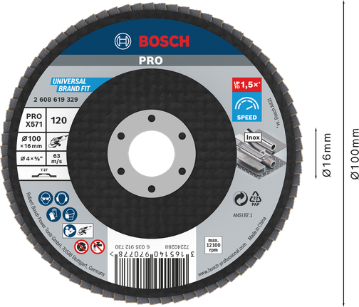 จานขัด Bosch PRO X571 100mm G120 สำหรับโลหะ.