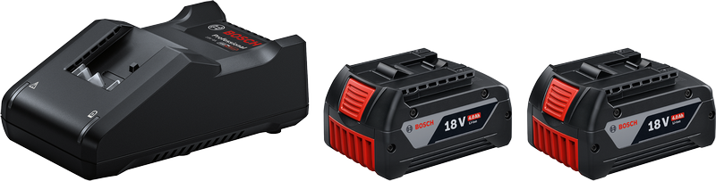 ชุดสตาร์ทแบตเตอรี่ Bosch 18V พร้อมเครื่องชาร์จและแบตเตอรี่ 4Ah สองก้อน.