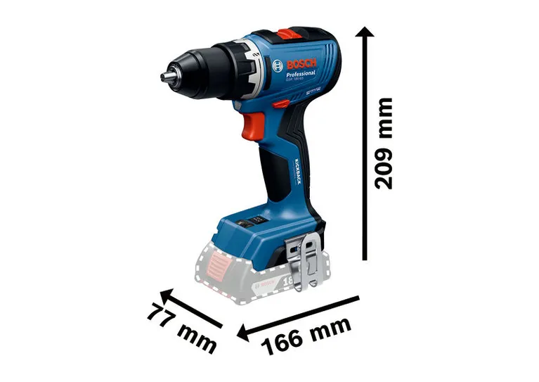 Bosch GSR 18V-65 สว่านไร้สาย ขนาดกะทัดรัด 77x166x209 มม.