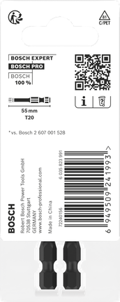 ดอกไขควงกระแทก PRO Torx, T20, 55 มม., 2 ชิ้น ดอกไขควงกระแทก Bosch PRO Torx T20 55 มม. 2 ชิ้น