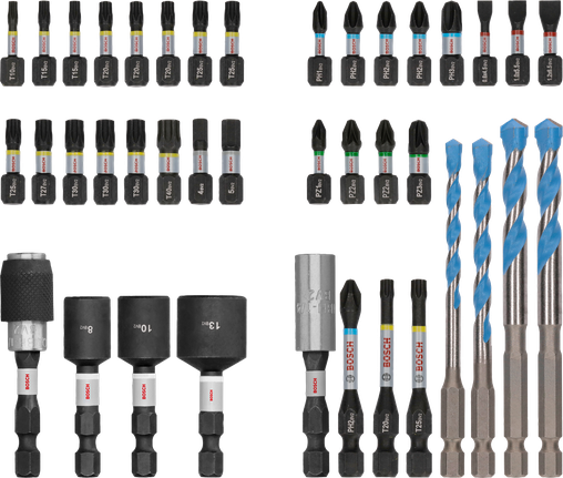 PRO Impact Mixed Set Set จำนวน 40 ชิ้น ชุดดอกสว่านและดอกสว่าน Bosch PRO Impact คละสี 40 ชิ้น.