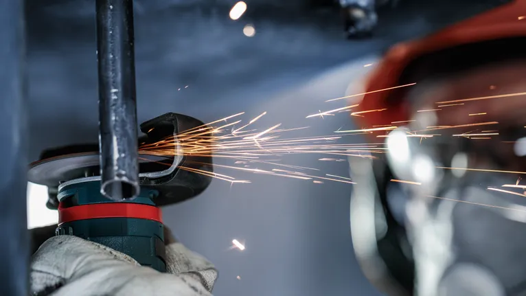 คนงานที่สวมอุปกรณ์ป้องกันความปลอดภัยกำลังบดท่อโลหะ ทำให้เกิดประกายไฟ.