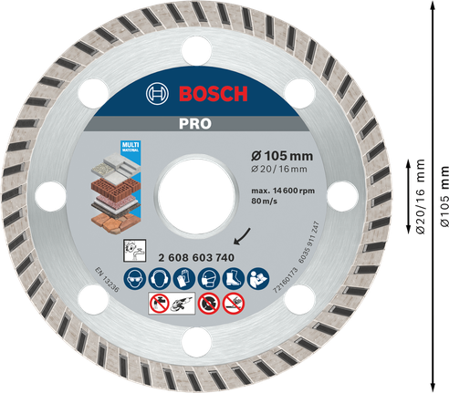 ใบตัดเพชร Bosch PRO Multi Material ขนาด 105 มม. สำหรับการตัด.