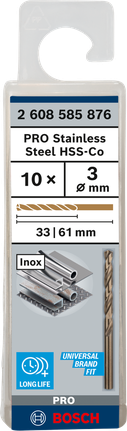 เกลียวดอกสว่าน PRO Stainless Steel HSS-Co 3 x 33 x 61 มม. 10 ชิ้น เกลียวดอกสว่าน PRO Stainless Steel HSS-Co 3 x 33 x 61 มม. 10 ชิ้น