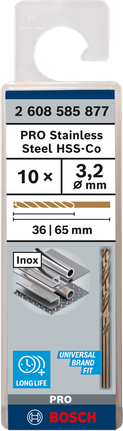 เกลียวดอกสว่าน PRO Stainless Steel HSS-Co 3.2 x 36 x 65 มม. 10 ชิ้น เกลียวดอกสว่าน PRO Stainless Steel HSS-Co 3.2 x 36 x 65 มม. 10 ชิ้น