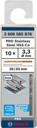 เกลียวดอกสว่าน PRO Stainless Steel HSS-Co 3.3 x 36 x 65 มม. 10 ชิ้น เกลียวดอกสว่าน PRO Stainless Steel HSS-Co 3.3 x 36 x 65 มม. 10 ชิ้น