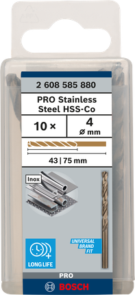 เกลียวดอกสว่าน PRO Stainless Steel HSS-Co 4 x 43 x 75 มม. 10 ชิ้น เกลียวดอกสว่าน PRO Stainless Steel HSS-Co 4 x 43 x 75 มม. 10 ชิ้น