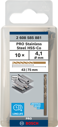 เกลียวดอกสว่าน PRO Stainless Steel HSS-Co 4.1 x 43 x 75 มม. 10 ชิ้น เกลียวดอกสว่าน PRO Stainless Steel HSS-Co 4.1 x 43 x 75 มม. 10 ชิ้น