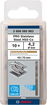 เกลียวดอกสว่าน PRO Stainless Steel HSS-Co 4.2 x 43 x 75 มม. 10 ชิ้น เกลียวดอกสว่าน PRO Stainless Steel HSS-Co 4.2 x 43 x 75 มม. 10 ชิ้น