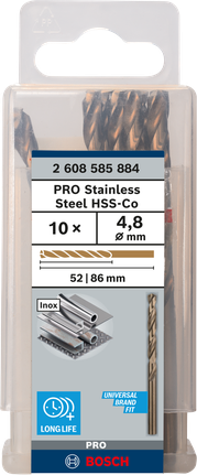 เกลียวดอกสว่าน PRO Stainless Steel HSS-Co 4.8 x 52 x 86 มม. 10 ชิ้น เกลียวดอกสว่าน PRO Stainless Steel HSS-Co 4.8 x 52 x 86 มม. 10 ชิ้น