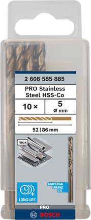 เกลียวดอกสว่าน PRO Stainless Steel HSS-Co 5 x 52 x 86 มม. 10 ชิ้น เกลียวดอกสว่าน PRO Stainless Steel HSS-Co 5 x 52 x 86 มม. 10 ชิ้น