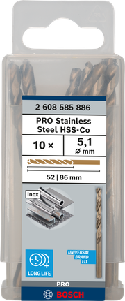 เกลียวดอกสว่าน PRO Stainless Steel HSS-Co 5.1 x 52 x 86 มม. 10 ชิ้น เกลียวดอกสว่าน PRO Stainless Steel HSS-Co 5.1 x 52 x 86 มม. 10 ชิ้น