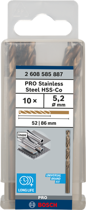 เกลียวดอกสว่าน PRO Stainless Steel HSS-Co 5.2 x 52 x 86 มม. 10 ชิ้น เกลียวดอกสว่าน PRO Stainless Steel HSS-Co 5.2 x 52 x 86 มม. 10 ชิ้น