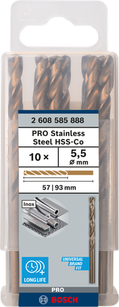 เกลียวดอกสว่าน PRO Stainless Steel HSS-Co 5.5 x 57 x 93 มม. 10 ชิ้น เกลียวดอกสว่าน PRO Stainless Steel HSS-Co 5.5 x 57 x 93 มม. 10 ชิ้น