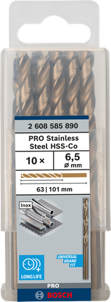 เกลียวดอกสว่าน PRO Stainless Steel HSS-Co 6.5 x 63 x 101 มม. 10 ชิ้น เกลียวดอกสว่าน PRO Stainless Steel HSS-Co 6.5 x 63 x 101 มม. 10 ชิ้น