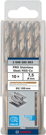 เกลียวดอกสว่าน PRO Stainless Steel HSS-Co 7.5 x 69 x 109 มม. 10 ชิ้น เกลียวดอกสว่าน PRO Stainless Steel HSS-Co 7.5 x 69 x 109 มม. 10 ชิ้น