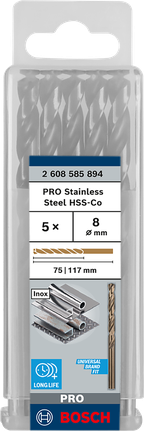 เกลียวดอกสว่าน PRO Stainless Steel HSS-Co 8 x 75 x 117 มม. 5 ชิ้น เกลียวดอกสว่าน PRO Stainless Steel HSS-Co 8 x 75 x 117 มม. 5 ชิ้น