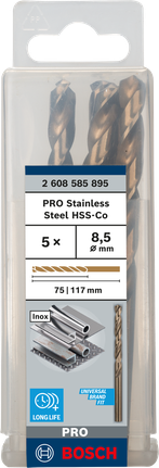 เกลียวดอกสว่าน PRO Stainless Steel HSS-Co 8.5 x 75 x 117 มม. 5 ชิ้น เกลียวดอกสว่าน PRO Stainless Steel HSS-Co 8.5 x 75 x 117 มม. 5 ชิ้น