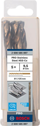 เกลียวดอกสว่าน PRO Stainless Steel HSS-Co 9.5 x 81 x 125 มม. 5 ชิ้น เกลียวดอกสว่าน PRO Stainless Steel HSS-Co 9.5 x 81 x 125 มม. 5 ชิ้น