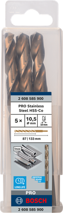 เกลียวดอกสว่าน PRO Stainless Steel HSS-Co 10.5 x 87 x 133 มม. 5 ชิ้น เกลียวดอกสว่าน PRO Stainless Steel HSS-Co 10.5 x 87 x 133 มม. 5 ชิ้น
