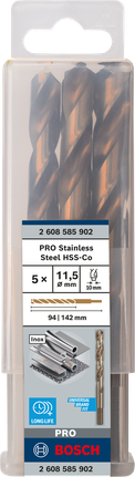 เกลียวดอกสว่าน PRO Stainless Steel HSS-Co 11.5 x 94 x 142 มม. 5 ชิ้น เกลียวดอกสว่าน PRO Stainless Steel HSS-Co 11.5 x 94 x 142 มม. 5 ชิ้น