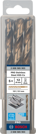 เกลียวดอกสว่าน PRO Stainless Steel HSS-Co 12 x 101 x 151 มม. 5 ชิ้น เกลียวดอกสว่าน PRO Stainless Steel HSS-Co 12 x 101 x 151 มม. 5 ชิ้น