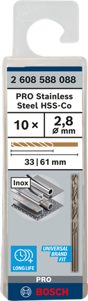เกลียวดอกสว่าน PRO Stainless Steel HSS-Co 2.8 x 33 x 61 มม. 10 ชิ้น เกลียวดอกสว่าน PRO Stainless Steel HSS-Co 2.8 x 33 x 61 มม. 10 ชิ้น