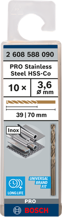 เกลียวดอกสว่าน PRO Stainless Steel HSS-Co 3.6 x 39 x 70 มม. 10 ชิ้น เกลียวดอกสว่าน PRO Stainless Steel HSS-Co 3.6 x 39 x 70 มม. 10 ชิ้น