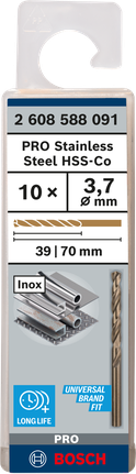 เกลียวดอกสว่าน PRO Stainless Steel HSS-Co 3.7 x 39 x 70 มม. 10 ชิ้น เกลียวดอกสว่าน PRO Stainless Steel HSS-Co 3.7 x 39 x 70 มม. 10 ชิ้น