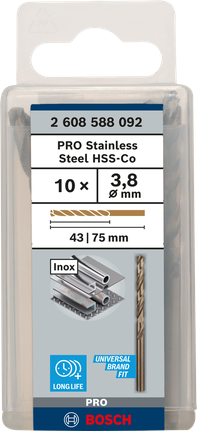 เกลียวดอกสว่าน PRO Stainless Steel HSS-Co 3.8 x 43 x 75 มม. 10 ชิ้น เกลียวดอกสว่าน PRO Stainless Steel HSS-Co 3.8 x 43 x 75 มม. 10 ชิ้น