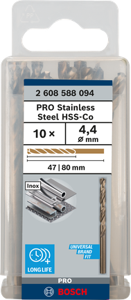 เกลียวดอกสว่าน PRO Stainless Steel HSS-Co 4.4 x 47 x 80 มม. 10 ชิ้น เกลียวดอกสว่าน PRO Stainless Steel HSS-Co 4.4 x 47 x 80 มม. 10 ชิ้น