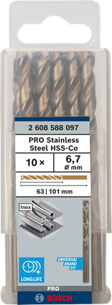 เกลียวดอกสว่าน PRO Stainless Steel HSS-Co 6.7 x 63 x 101 มม. 10 ชิ้น เกลียวดอกสว่าน PRO Stainless Steel HSS-Co 6.7 x 63 x 101 มม. 10 ชิ้น