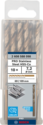 เกลียวดอกสว่าน PRO Stainless Steel HSS-Co 7.2 x 69 x 109 มม. 10 ชิ้น เกลียวดอกสว่าน PRO Stainless Steel HSS-Co 7.2 x 69 x 109 มม. 10 ชิ้น