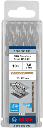 เกลียวดอกสว่าน PRO Stainless Steel HSS-Co 7.8 x 75 x 117 มม. 10 ชิ้น เกลียวดอกสว่าน PRO Stainless Steel HSS-Co 7.8 x 75 x 117 มม. 10 ชิ้น