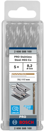 เกลียวดอกสว่าน PRO Stainless Steel HSS-Co 8.2 x 75 x 117 มม. 5 ชิ้น เกลียวดอกสว่าน PRO Stainless Steel HSS-Co 8.2 x 75 x 117 มม. 5 ชิ้น