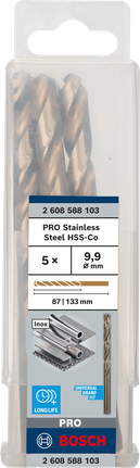 เกลียวดอกสว่าน PRO Stainless Steel HSS-Co 9.9 x 87 x 133 มม. 5 ชิ้น เกลียวดอกสว่าน PRO Stainless Steel HSS-Co 9.9 x 87 x 133 มม. 5 ชิ้น