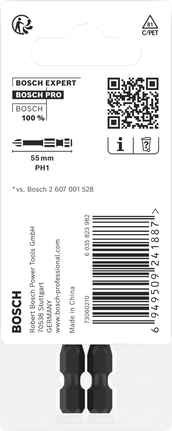 ดอกไขควงกระแทก PRO Phillips, PH1, 55 มม., 2 ชิ้น ดอกสว่านกระแทก Bosch PH1 55 มม. 2 ชิ้น.
