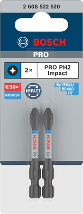 ดอกไขควงกระแทก PRO Phillips, PH2, 55 มม., 2 ชิ้น ดอกสว่านกระแทก Bosch PRO PH2 ขนาด 55 มม. 2 ชิ้น.