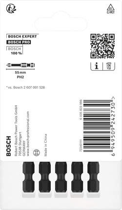 ดอกไขควงกระแทก PRO Phillips, PH2, 55 มม., 5 ชิ้น ดอกสว่านปากแฉก Bosch PH2 55 มม. แพ็ค 5 ดอก.