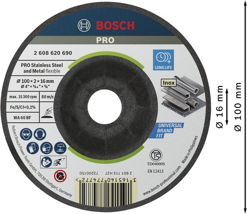 แผ่นเจียรแบบกึ่งยืดหยุ่น Bosch PRO สำหรับสแตนเลส ขนาด 100 x 2 x 16 มม.