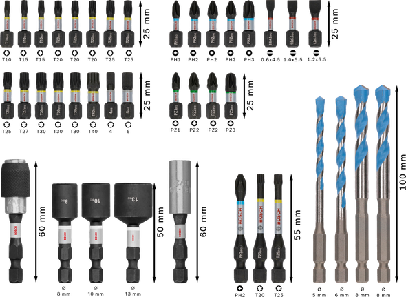 PRO Impact Mixed Set Set จำนวน 40 ชิ้น Bosch PRO Impact Mixed Set 40 ชิ้น พร้อมดอกสว่านและไขควง.