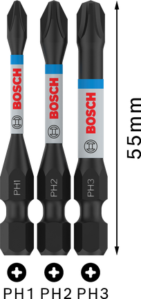 ดอกสว่าน PRO PH Impact PH1 x 55, PH2 x 55, PH3 x 55 มม. 3 ชิ้น ชุดดอกสว่านกระแทก Bosch PRO PH PH1 PH2 PH3 55 มม.