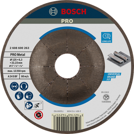 ใบเจียรโลหะ Bosch PRO ขนาด 125 มม. เพื่ออายุการใช้งานยาวนาน.