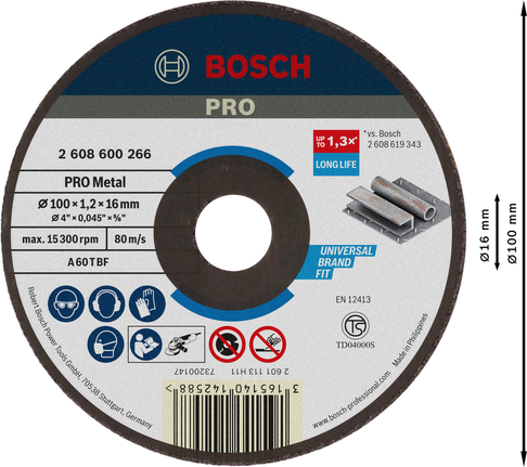 แผ่นตัดโลหะ Bosch PRO ขนาด 100 x 1.2 x 16 มม.