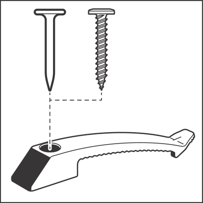 Object #200475400: GNB_fixing_elements_PRO_EPB-8_1600A032GB_fastening_types_line_drawing ตะปูและสกรูวางอยู่เหนือตัวยึด ซึ่งระบุวิธีการติดตั้งที่เป็นไปได้