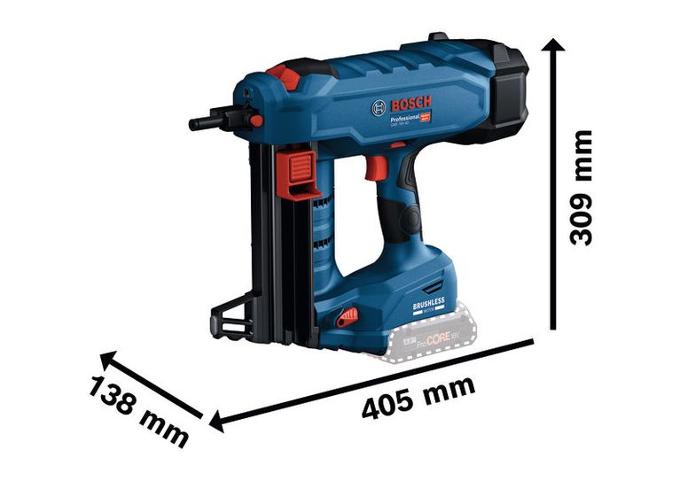 เครื่องยิงตะปูไร้สาย Bosch GNB 18V-40 พร้อมขนาดเครื่องมือ.