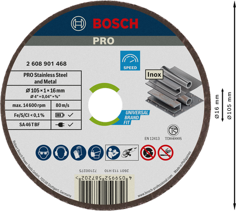 ใบตัดโลหะและสแตนเลส Bosch PRO ขนาด 105 x 1 x 16 มม.