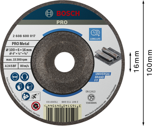 แผ่นเจียรโลหะ Bosch PRO ขนาด 100 x 6 x 16 มม. สำหรับงานโลหะ
